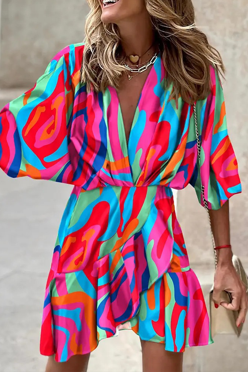 Print Patchwork V Neck Waist Skirt Dresses(6 Colors)