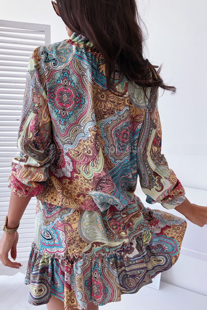 Print Flounce V Neck Cake Skirt Dresses(3 Colors)