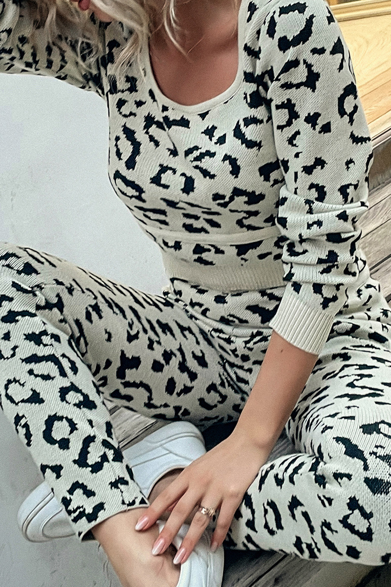 Leopard Patchwork O Neck Long Sleeve Two Pieces