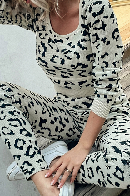Leopard Patchwork O Neck Long Sleeve Two Pieces
