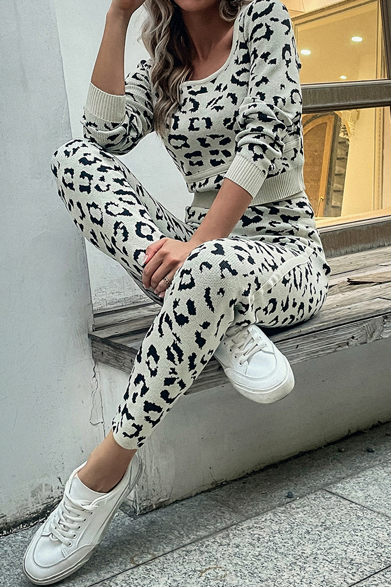 Leopard Patchwork O Neck Long Sleeve Two Pieces
