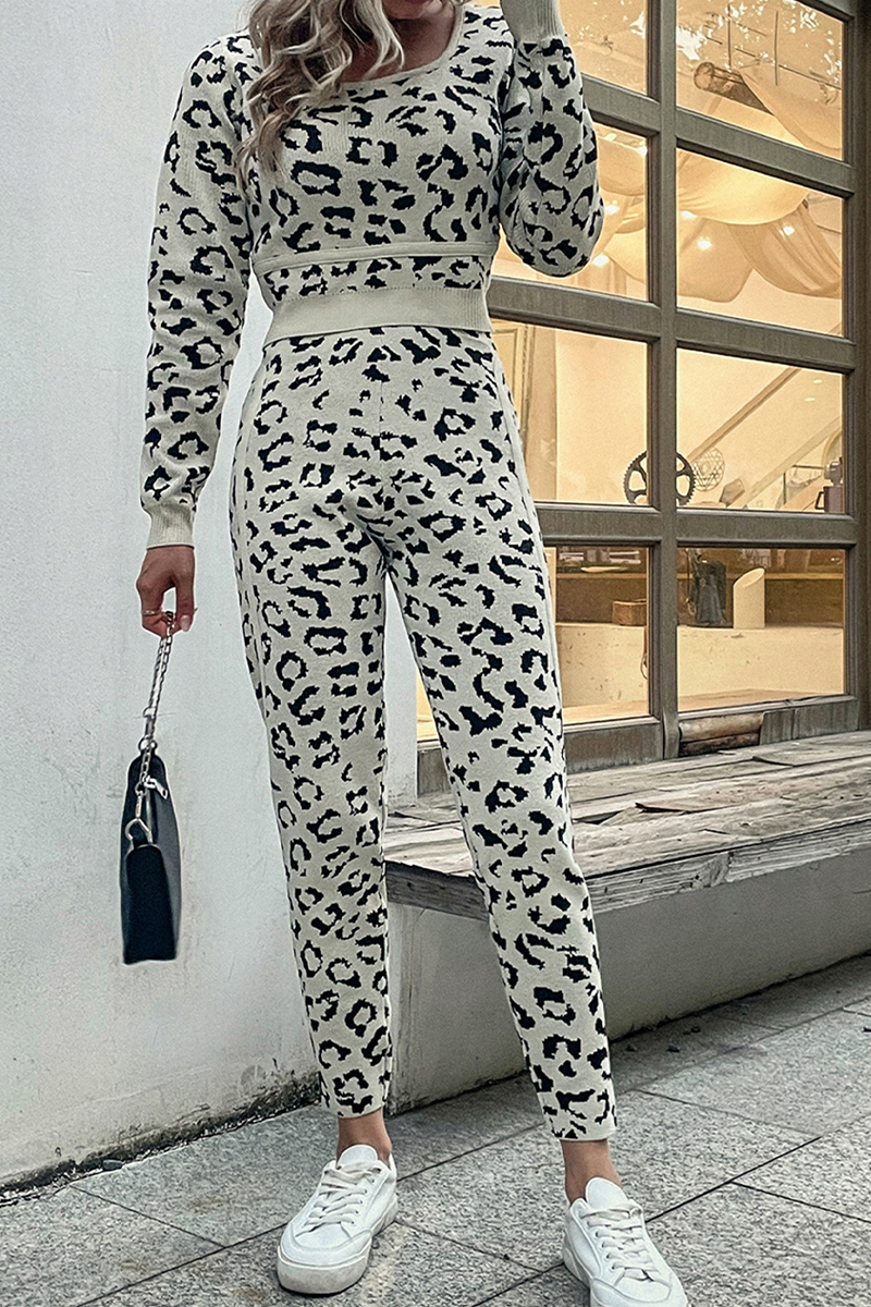 Leopard Patchwork O Neck Long Sleeve Two Pieces