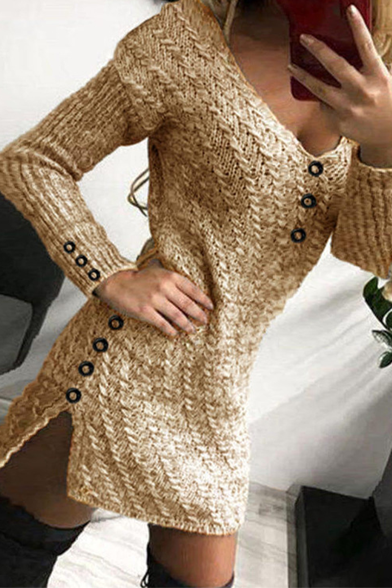 Patchwork Buckle V Neck Pencil Skirt Dresses(3 Colors)