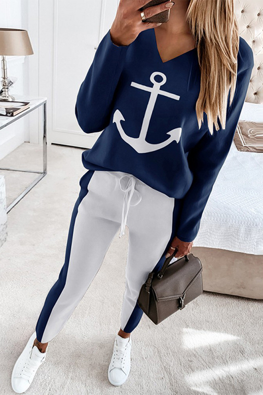 Print Patchwork V Neck Long Sleeve Two Pieces