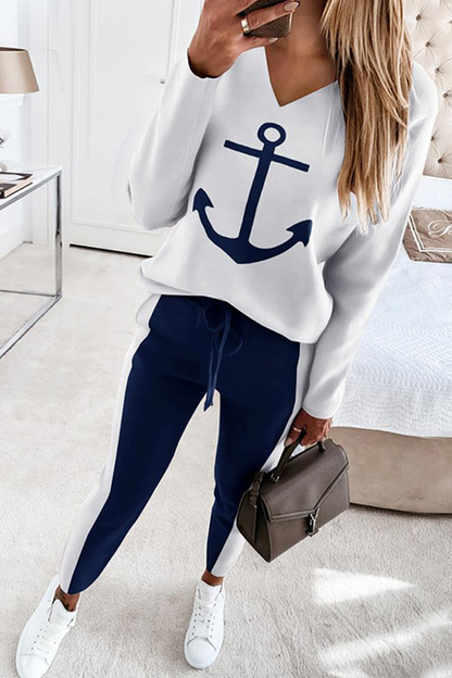 Print Patchwork V Neck Long Sleeve Two Pieces
