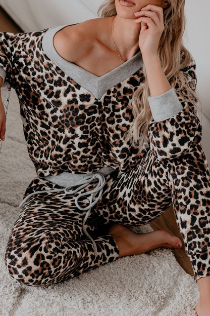 Leopard Patchwork One Shoulder Long Sleeve Two Pieces