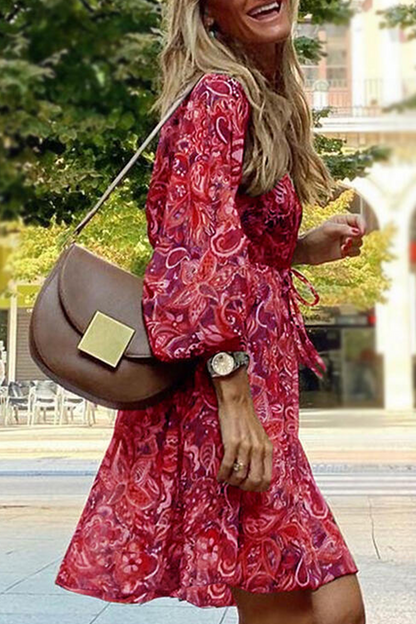 Print Patchwork V Neck Cake Skirt Dresses