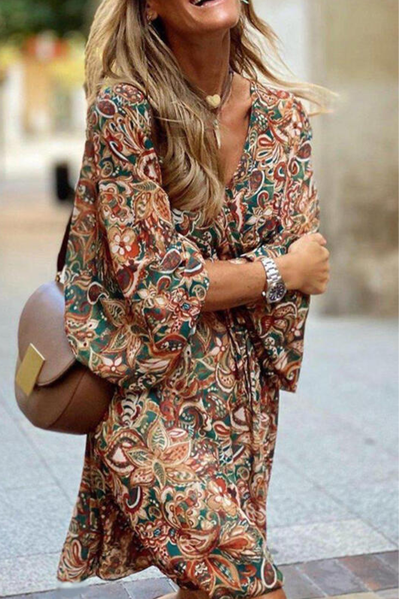 Print Patchwork V Neck Cake Skirt Dresses