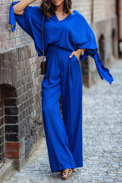 Patchwork V Neck Long Sleeve Two Pieces