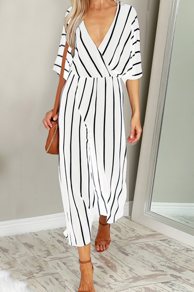 Striped Patchwork V Neck Straight Jumpsuits