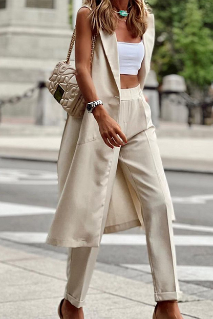 Patchwork Buckle Turn-back Collar Sleeveless Two Pieces