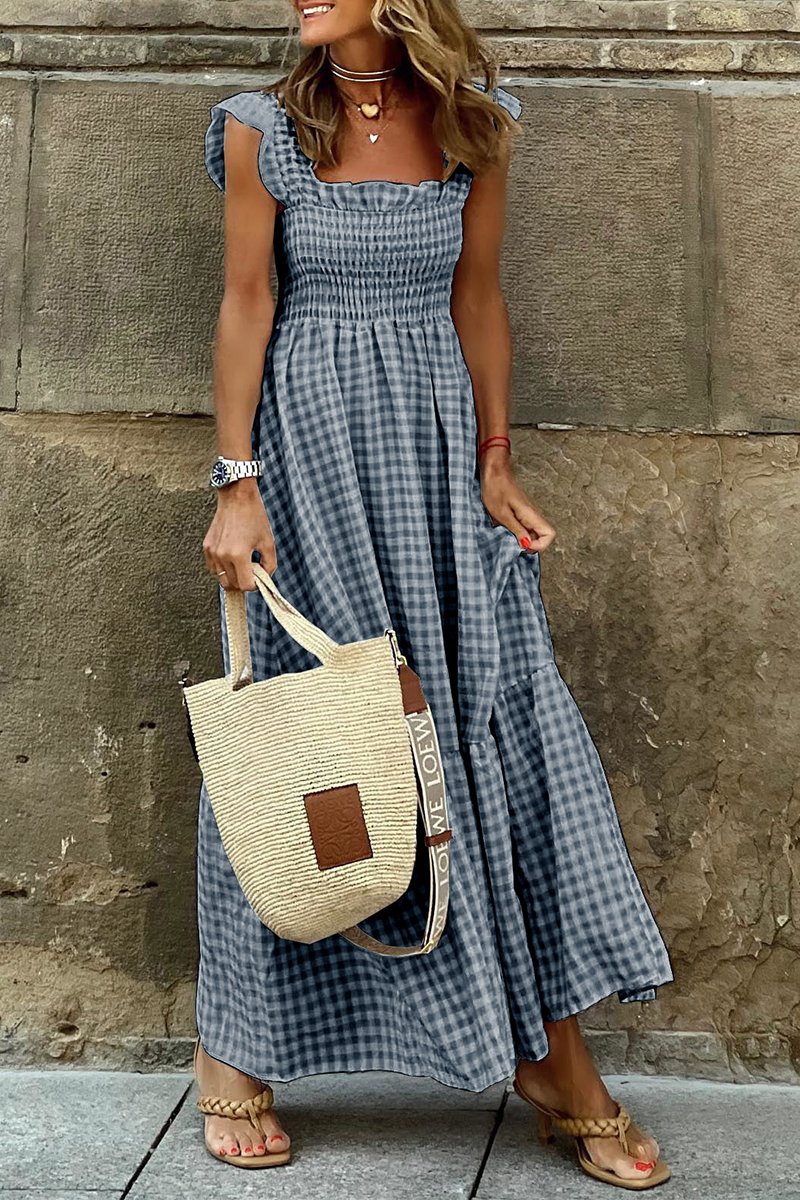 Plaid Patchwork Square Collar Cake Skirt Dresses