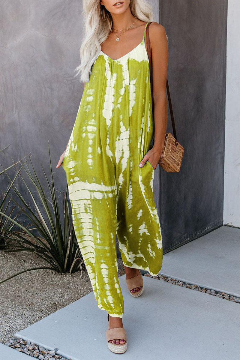 Patchwork Tie-dye Spaghetti Strap Straight Jumpsuits(10 Colors)