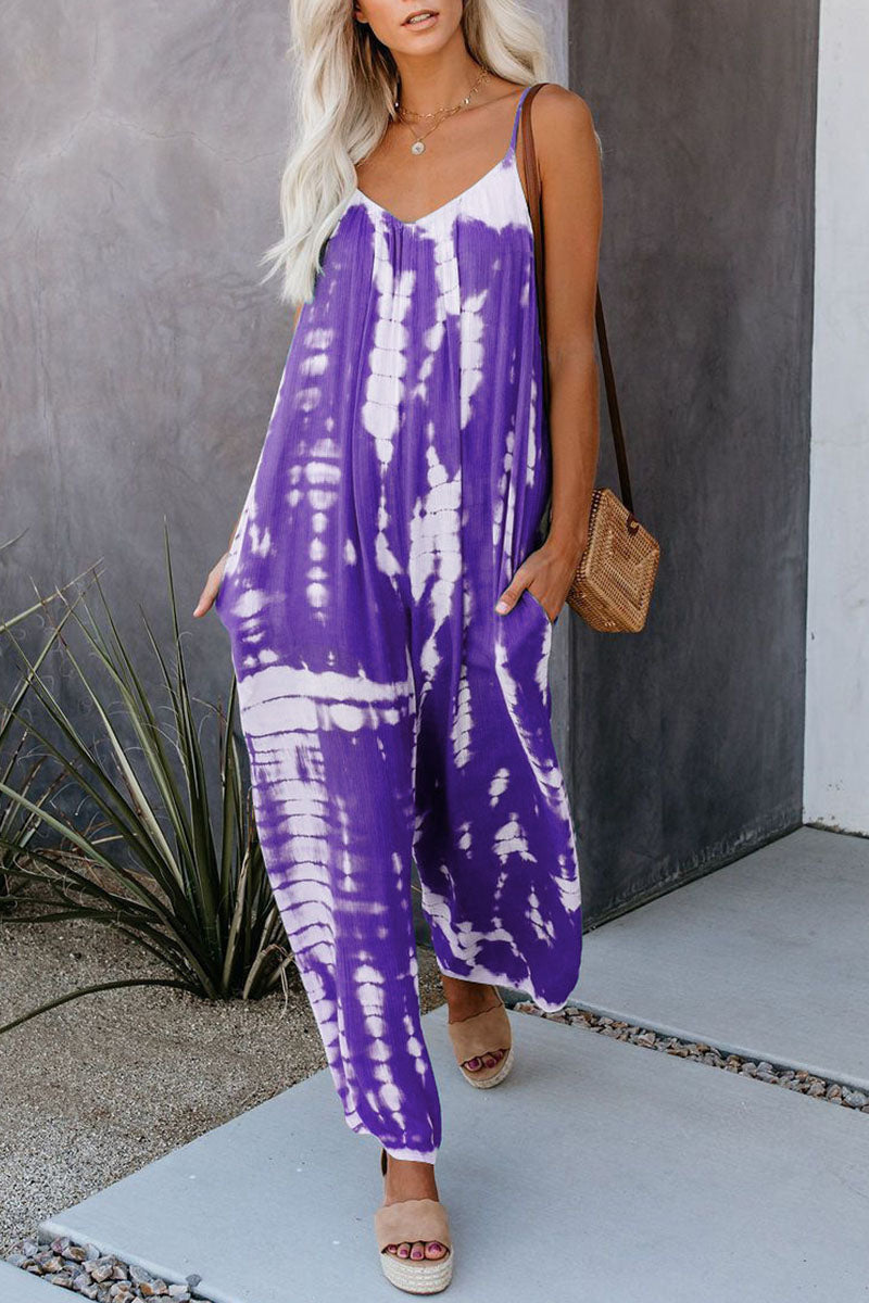 Patchwork Tie-dye Spaghetti Strap Straight Jumpsuits(10 Colors)