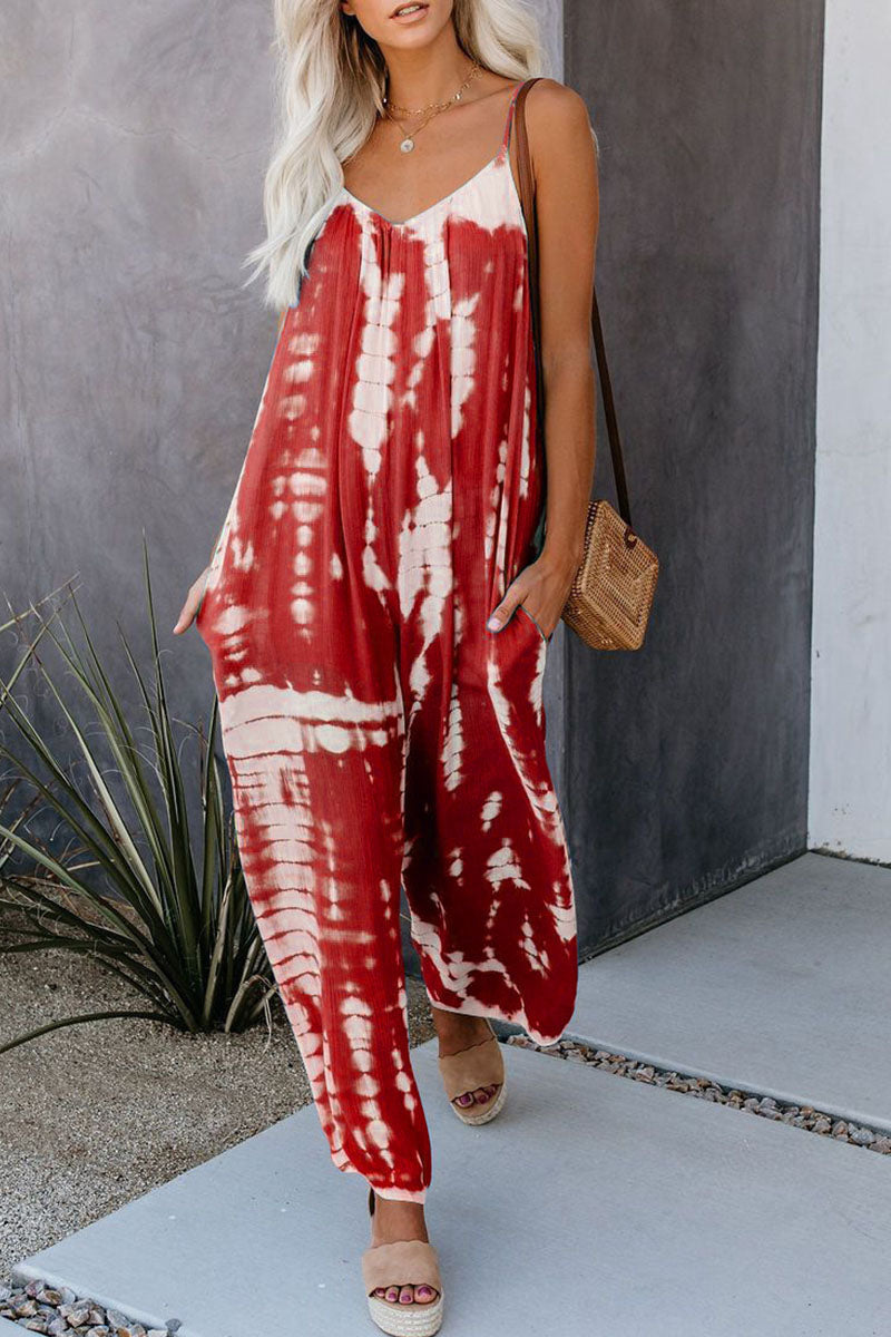 Patchwork Tie-dye Spaghetti Strap Straight Jumpsuits(10 Colors)