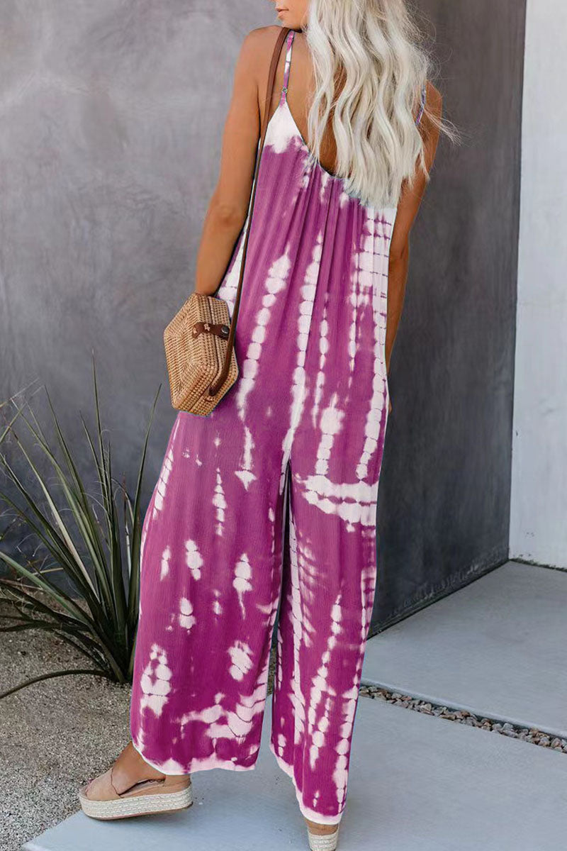 Patchwork Tie-dye Spaghetti Strap Straight Jumpsuits(10 Colors)