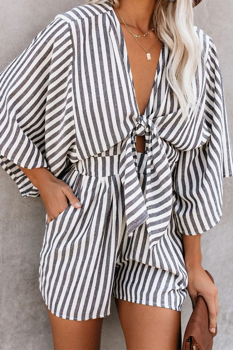 Striped Print Strap Design V Neck Loose Jumpsuits(4 Colors)