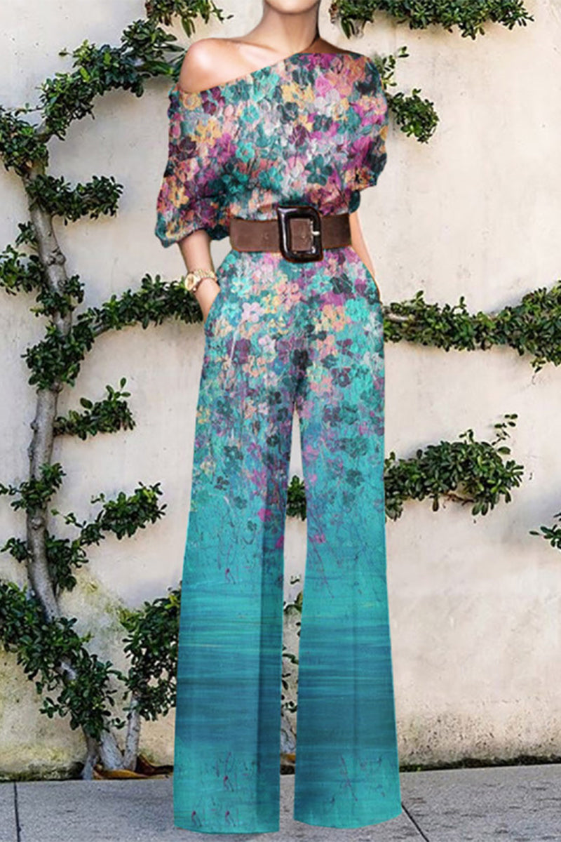 Print Without Belt One Shoulder Loose Jumpsuits(7 Colors)