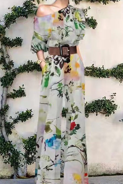 Print Without Belt One Shoulder Loose Jumpsuits(7 Colors)
