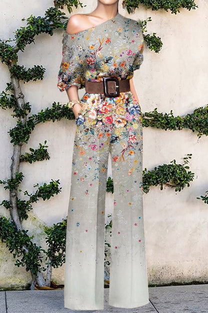 Print Without Belt One Shoulder Loose Jumpsuits(7 Colors)