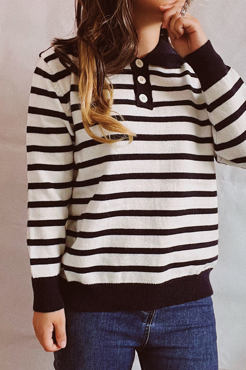 Striped Buttons Turndown Collar Sweaters(3 Colors)