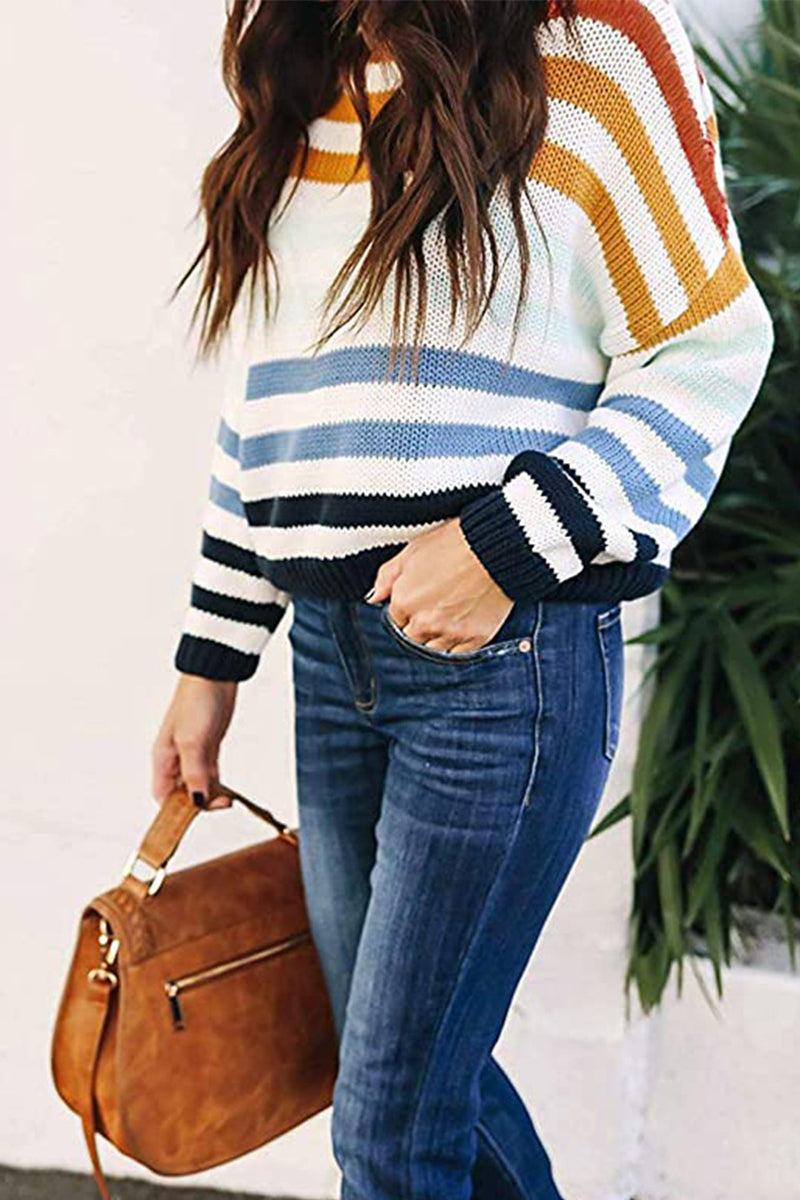 Sweet Striped Patchwork O Neck Sweaters(4 Colors)