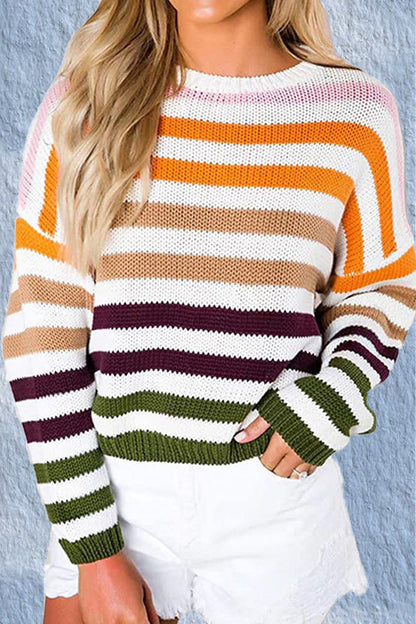 Sweet Striped Patchwork O Neck Sweaters(4 Colors)