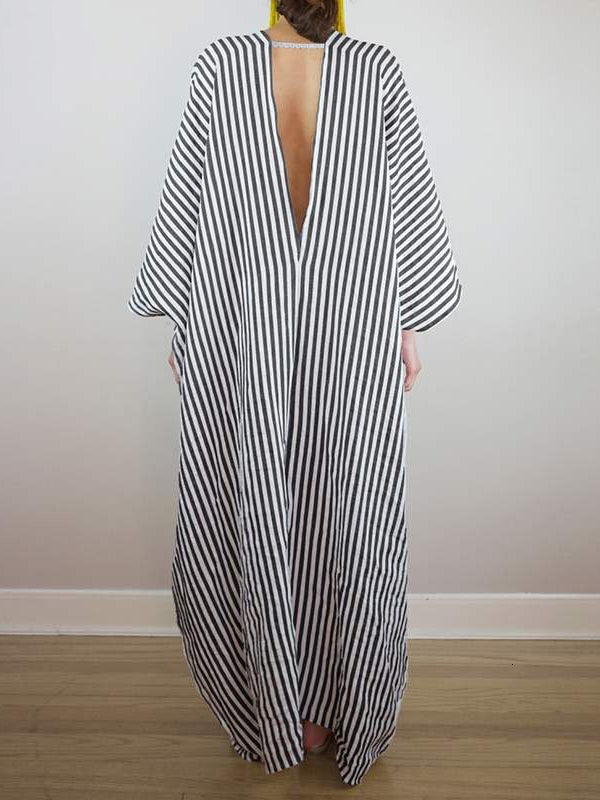 Batwing Sleeves Loose Striped V-back Deep V-neck Maxi Dresses