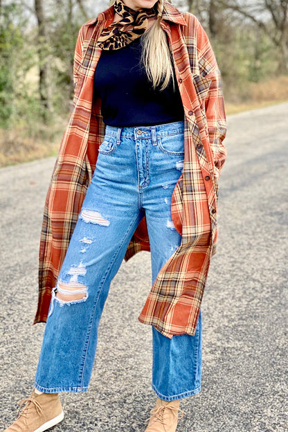 Street Plaid Buttons Shirt Collar Blouses