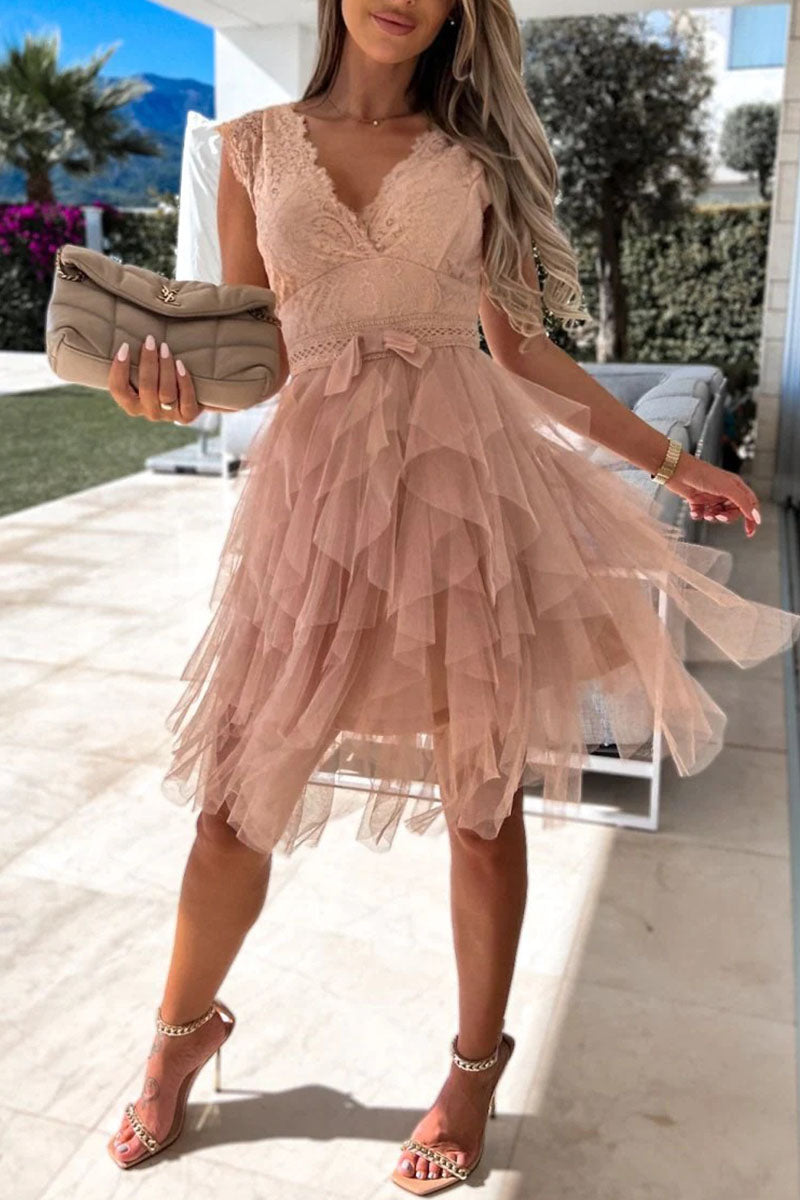 Mesh V Neck Cake Skirt Dresses(3 Colors)