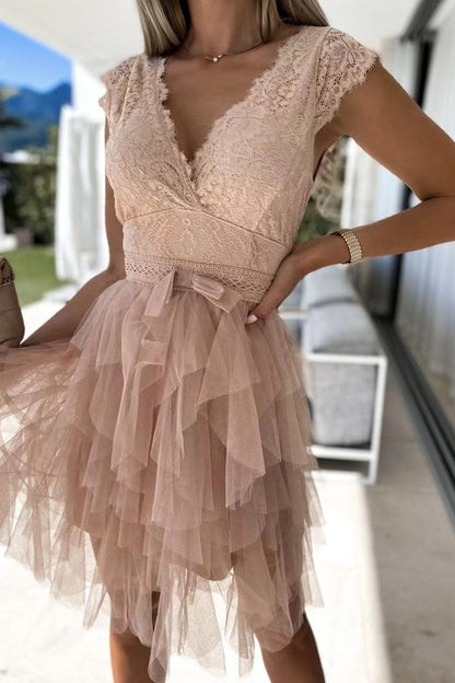 Mesh V Neck Cake Skirt Dresses(3 Colors)