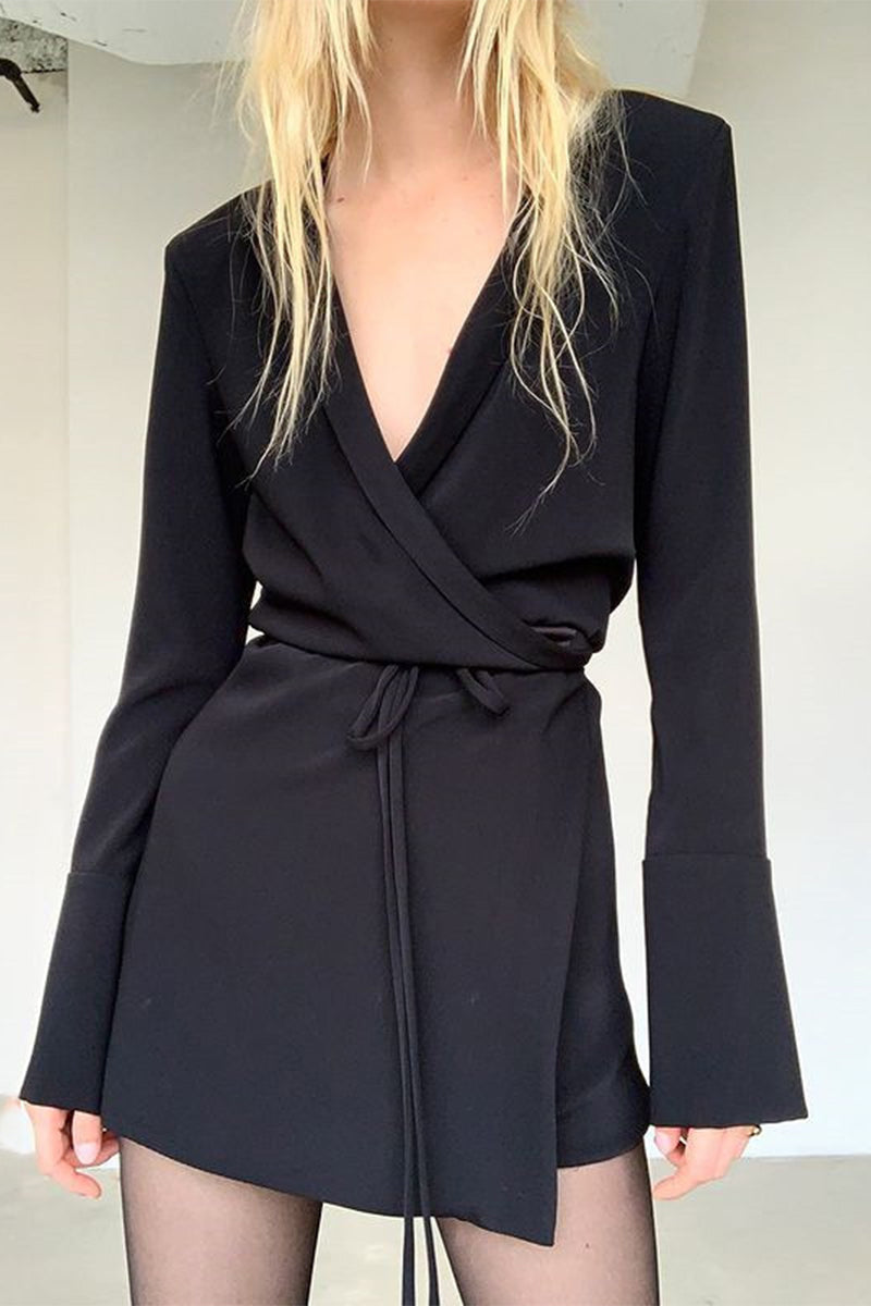 Patchwork Frenulum With Belt V Neck Wrapped Skirt Dresses