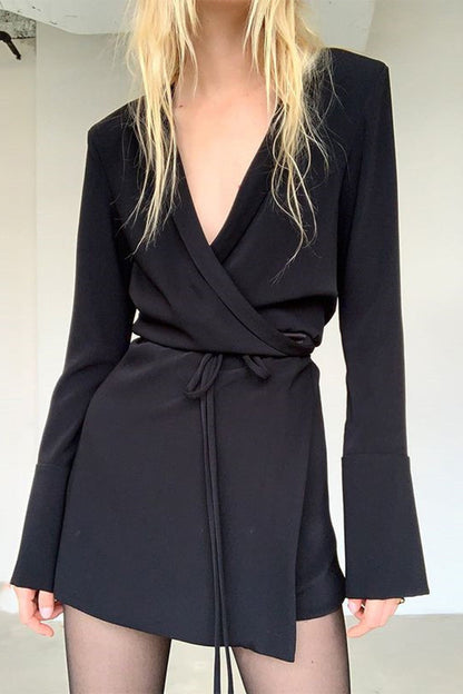 Patchwork Frenulum With Belt V Neck Wrapped Skirt Dresses