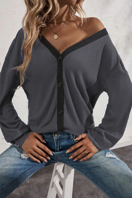 Patchwork Buttons V Neck T-shirts(7 Colors)