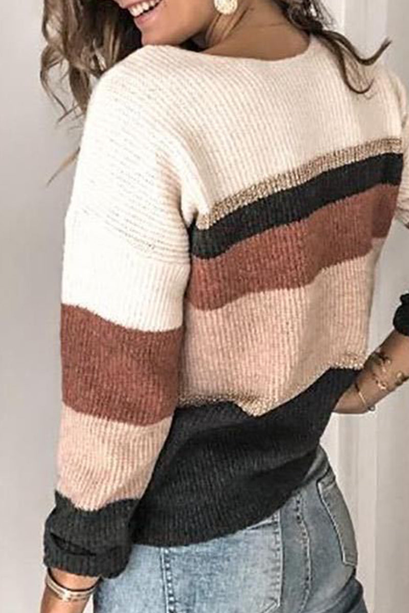 Color Block Patchwork V Neck Sweaters(3 Colors)