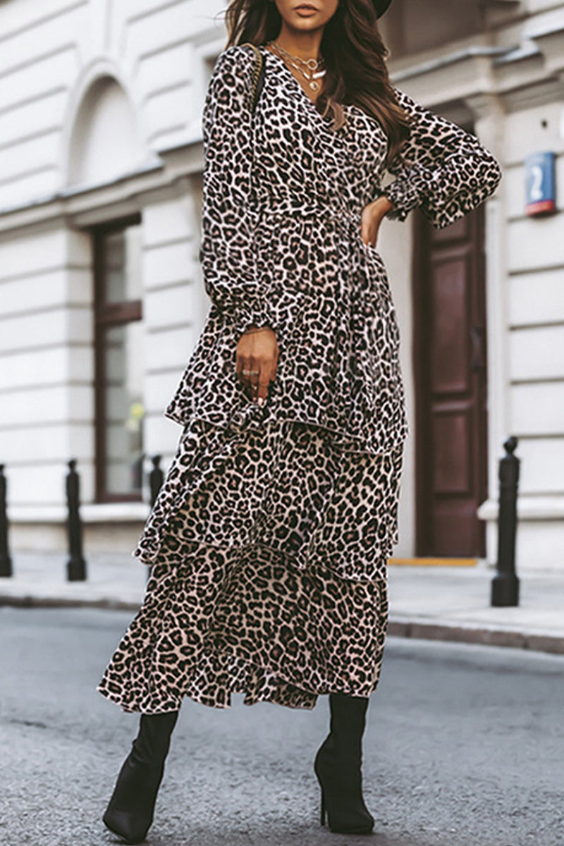 Animal Print Leopard Color V Neck Cake Skirt Dresses
