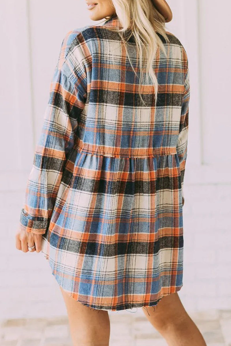 Plaid Buckle Buttons Turndown Collar Blouses(5 Colors)