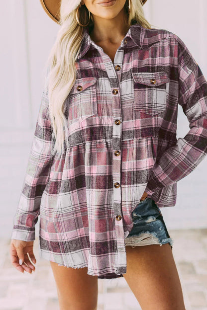 Plaid Buckle Buttons Turndown Collar Blouses(5 Colors)