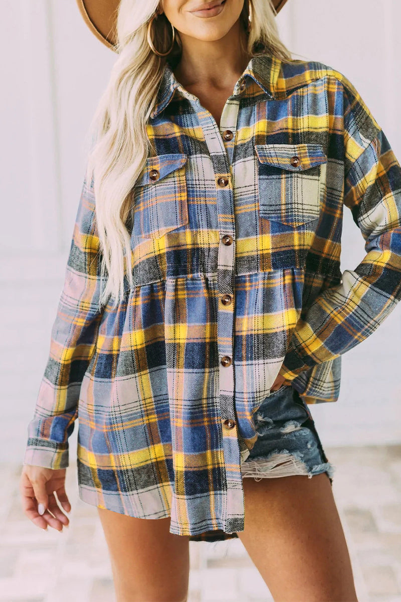 Plaid Buckle Buttons Turndown Collar Blouses(5 Colors)