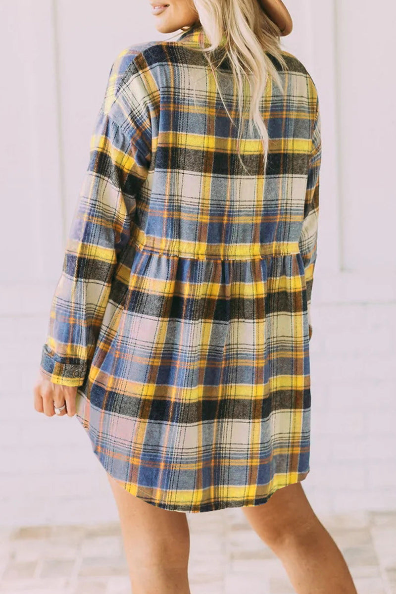 Plaid Buckle Buttons Turndown Collar Blouses(5 Colors)