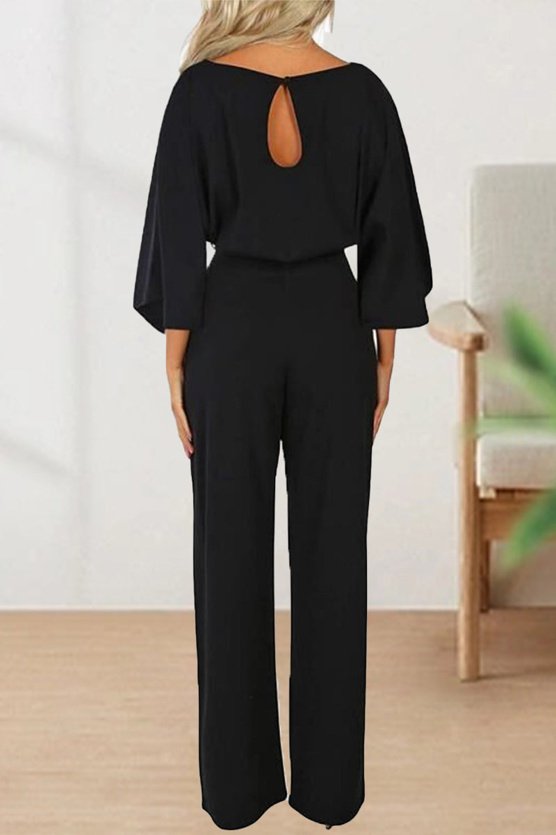 With Belt Color O Neck Straight Jumpsuits(3 Colors)