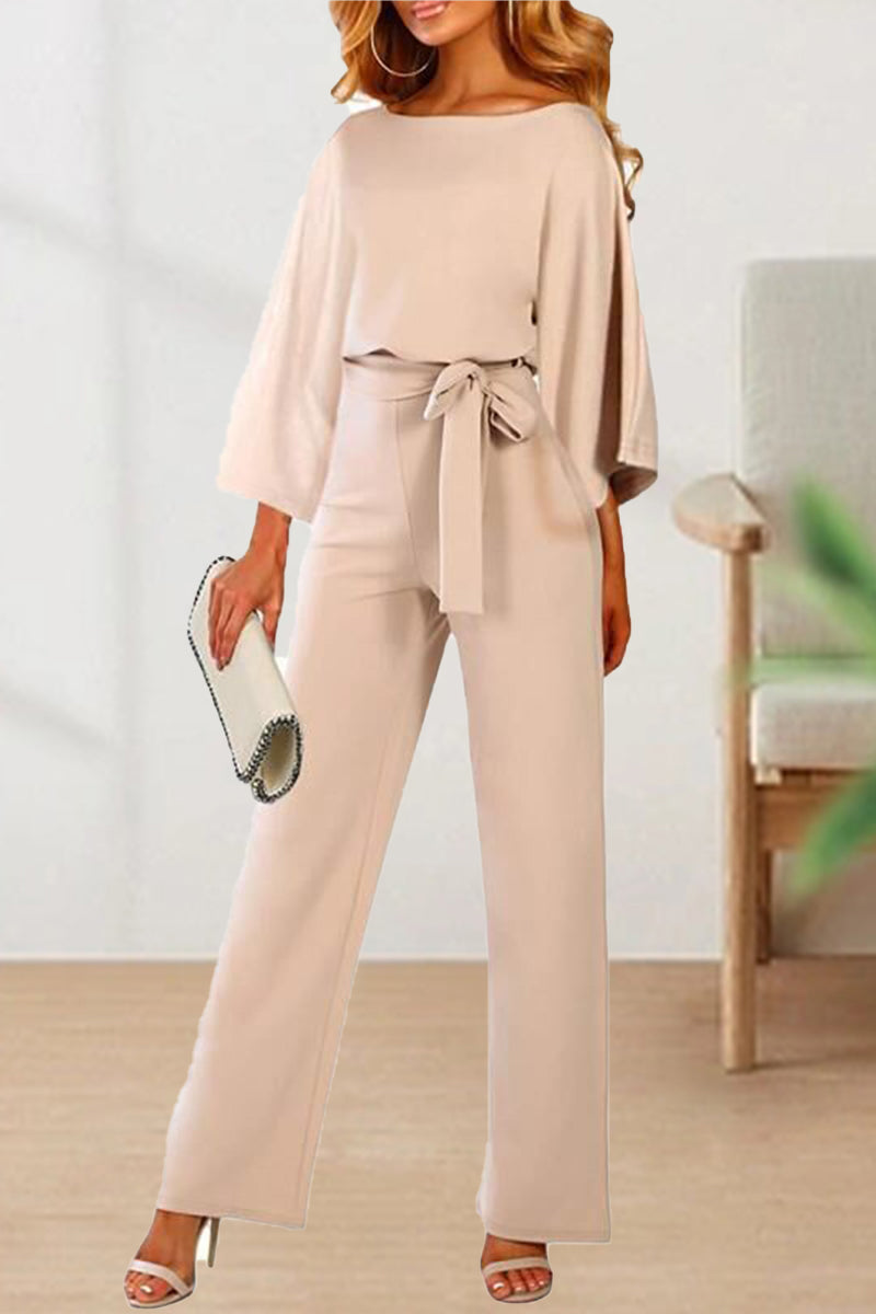 With Belt Color O Neck Straight Jumpsuits(3 Colors)