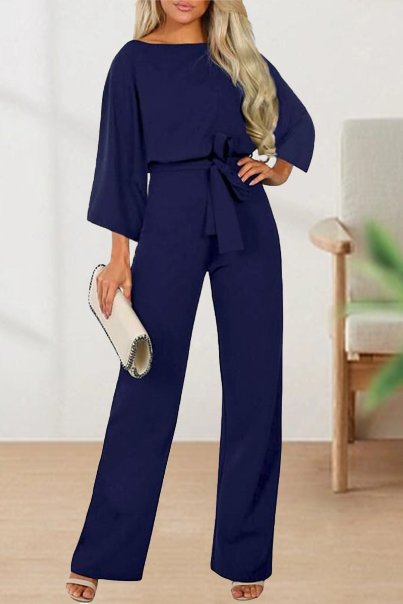 With Belt Color O Neck Straight Jumpsuits(3 Colors)