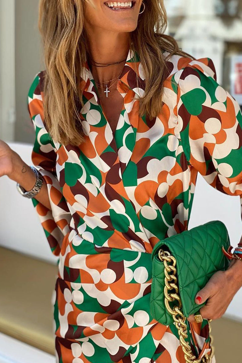 British Style Geometric Print Frenulum V Neck One Step Skirt Dresses