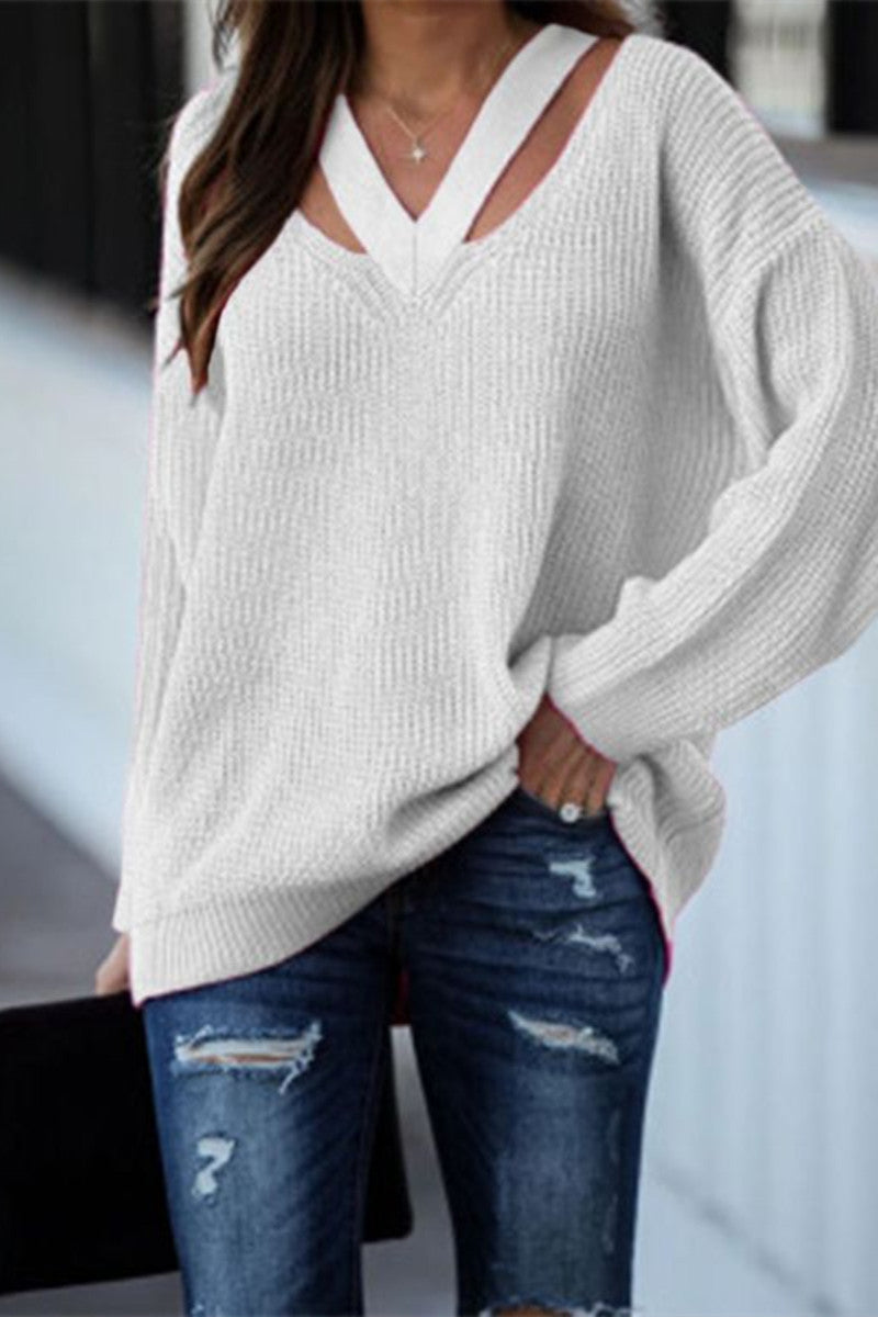 Hollowed Out Patchwork V Neck Sweaters(3 Colors)