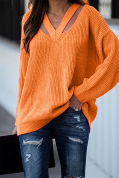 Hollowed Out Patchwork V Neck Sweaters(3 Colors)