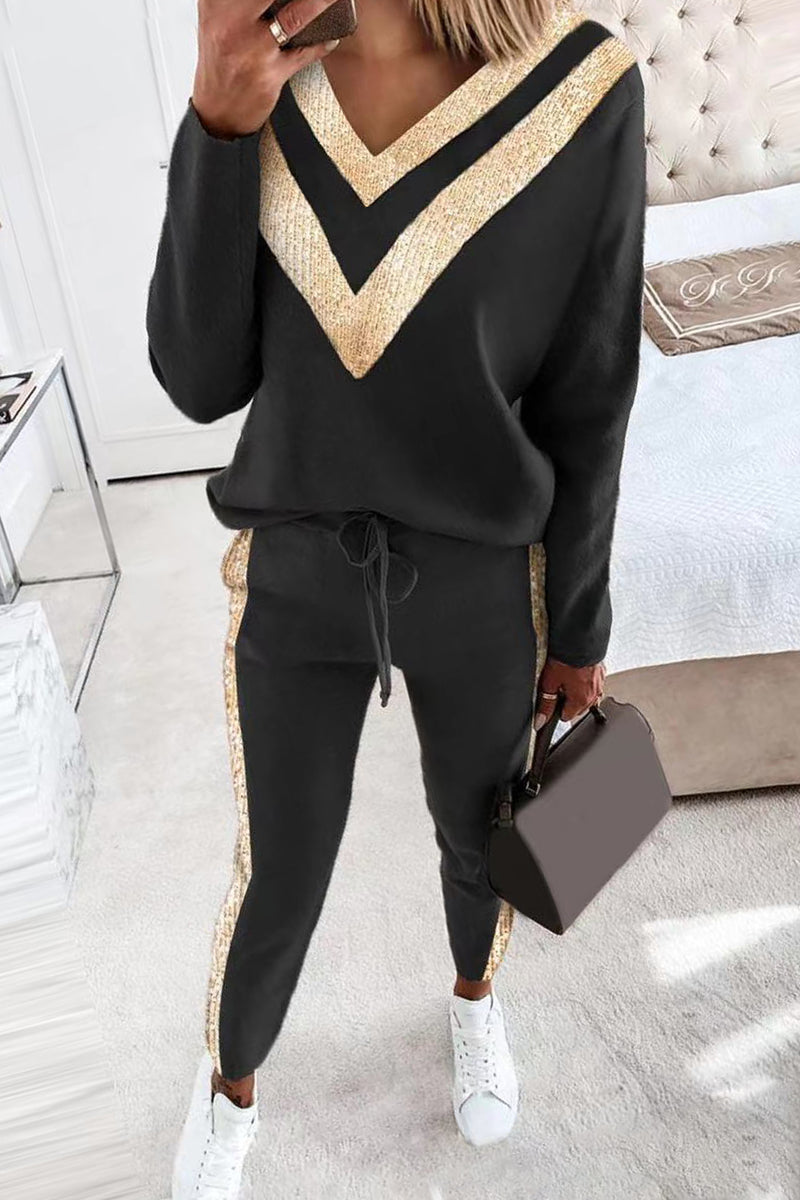Street Patchwork V Neck Long Sleeve Two Pieces