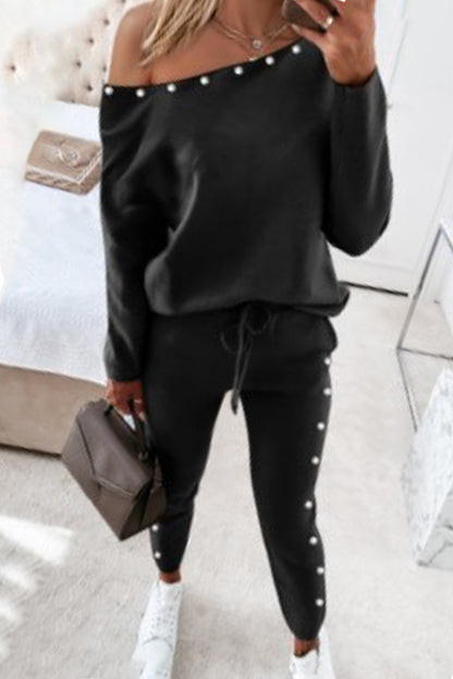 Street Patchwork V Neck Long Sleeve Two Pieces