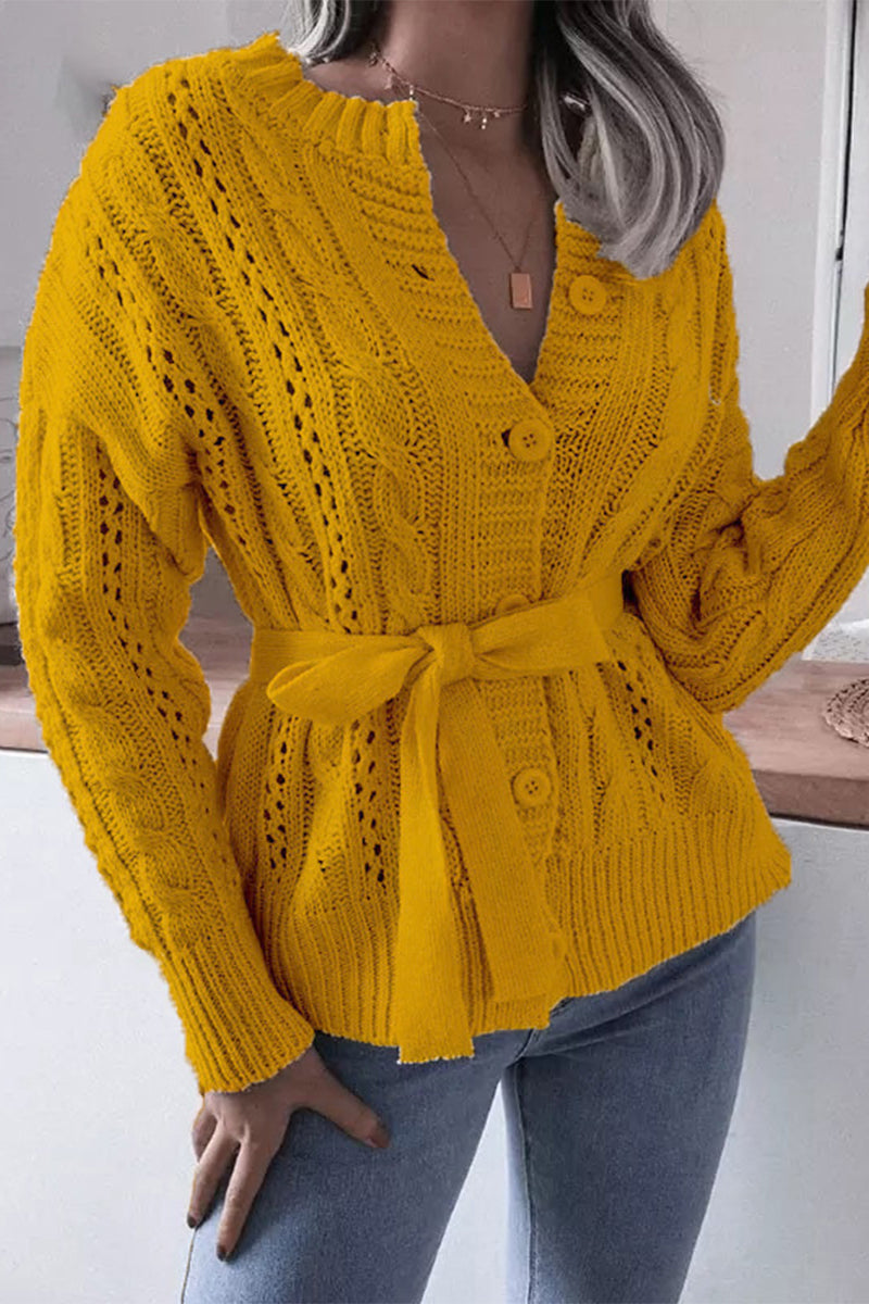 Hollowed Out Buckle With Belt Cardigan Collar Tops