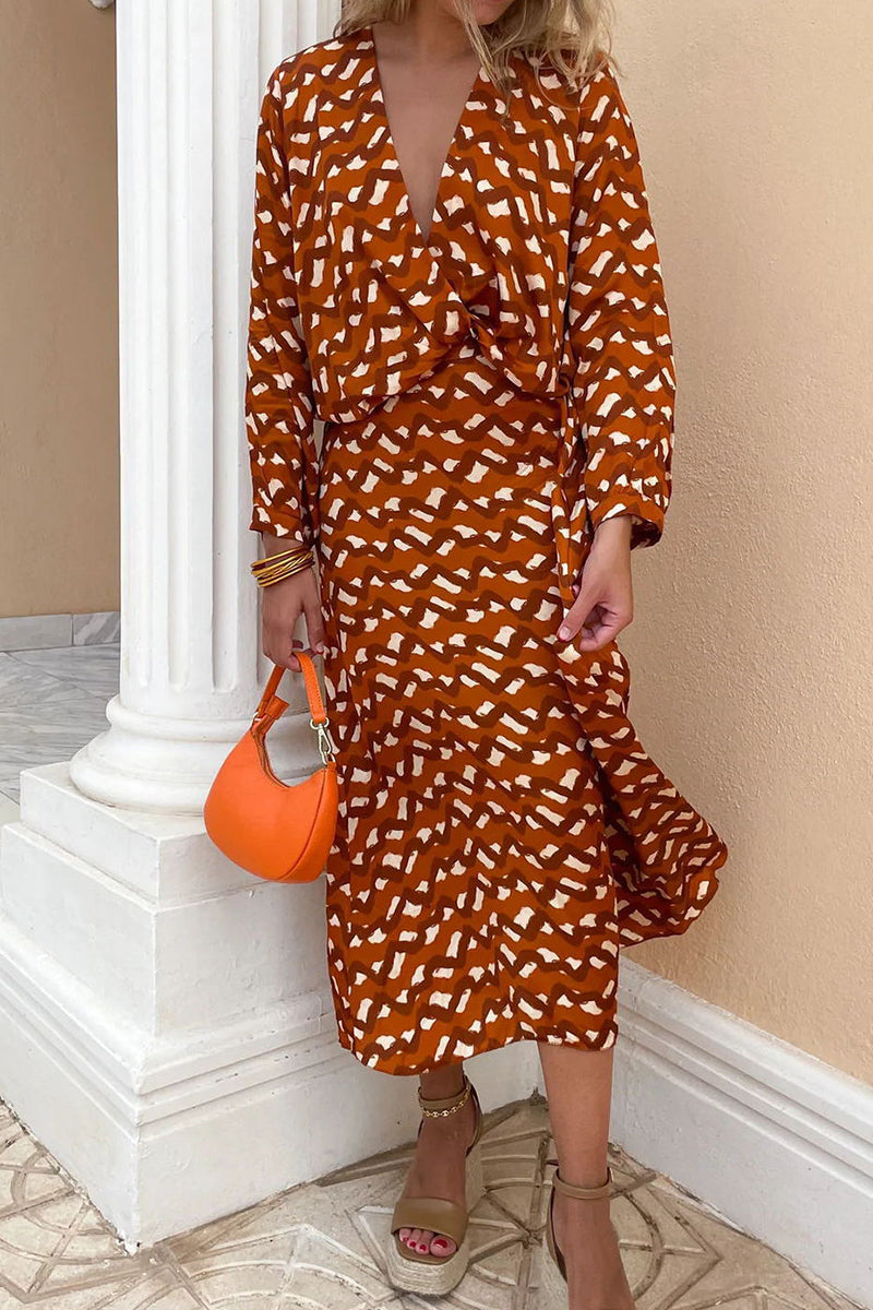 Print Printing V Neck Long Sleeve Two Pieces